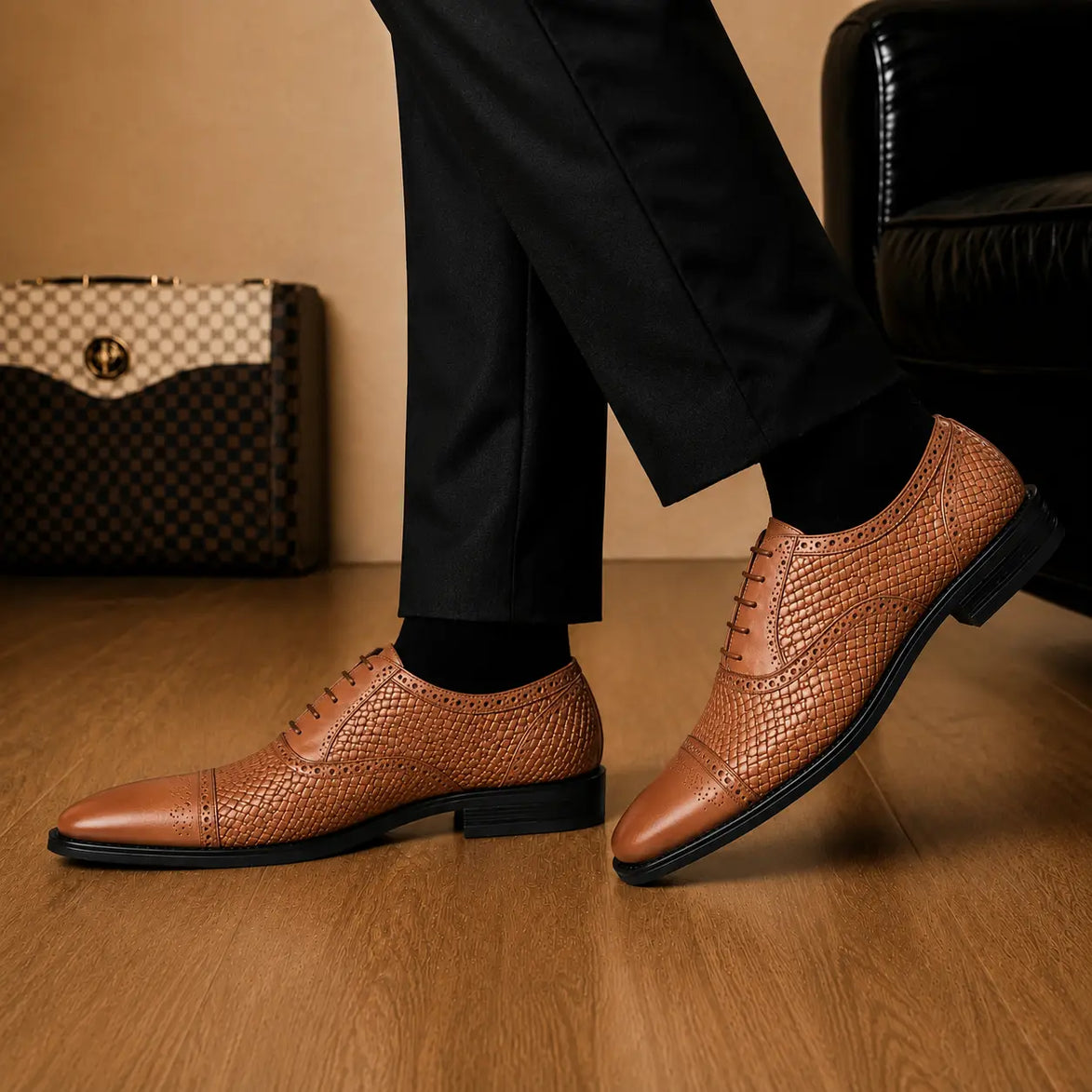 Melodiapelle Munich Woven Brogue Oxford in tan leather worn with formal trousers, on-feet shot
