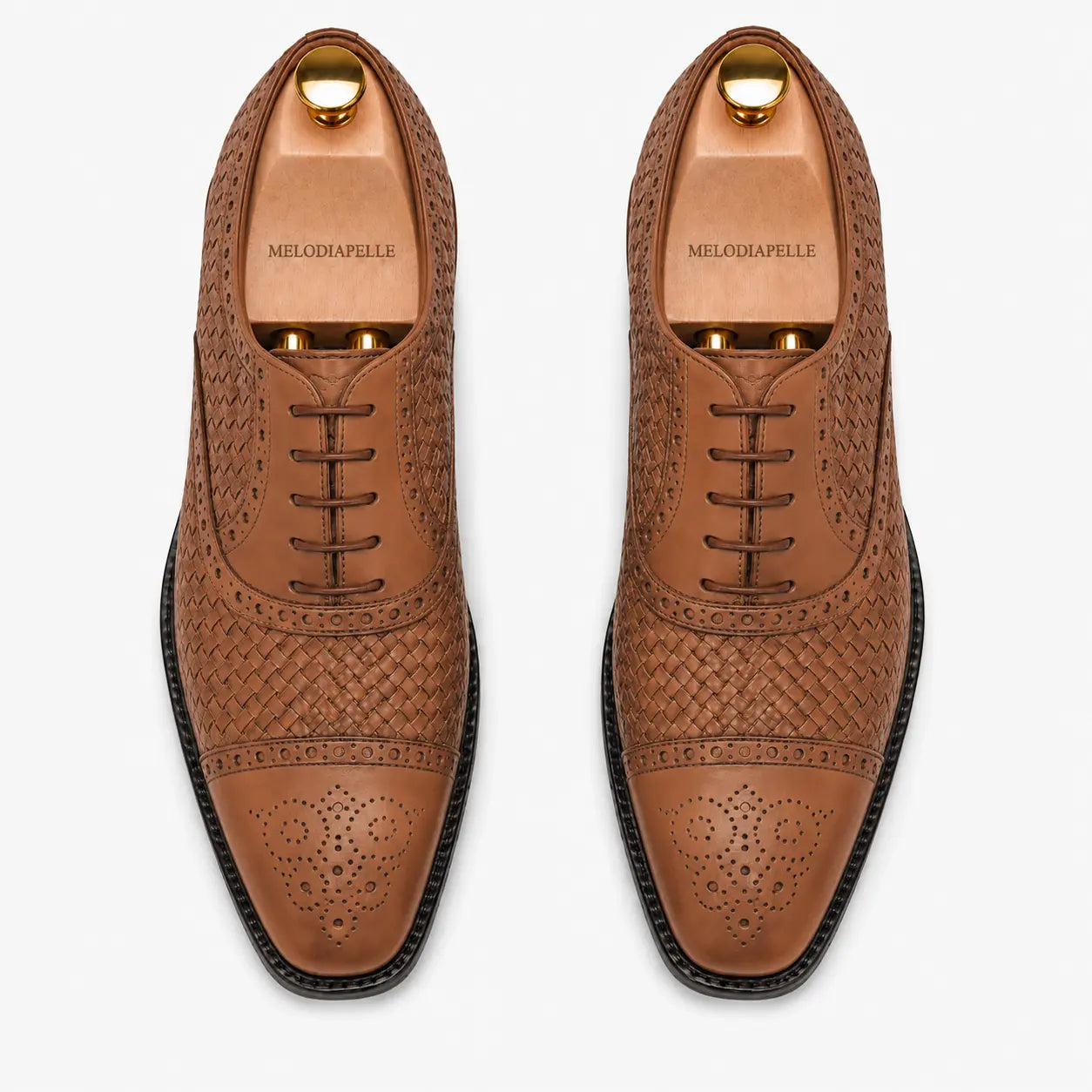 Melodiapelle Munich Woven Brogue Oxford in tan leather, pair top-down view, handcrafted in Agra