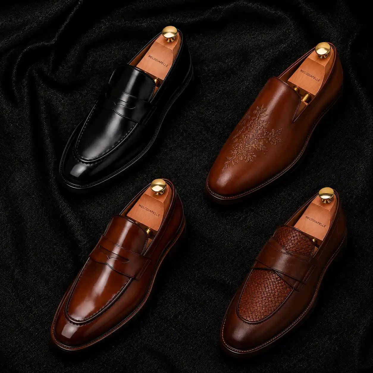 Melodiapelle Mustang Croc-Penny Loafer collection in black, tan and brown leather, handcrafted croc-embossed penny loafer shoes displayed together