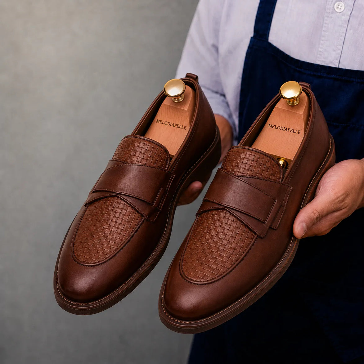 Man holding a pair of Melodiapelle Mustang Croc-Penny Loafer shoes in dark chocolate leather, close-up
