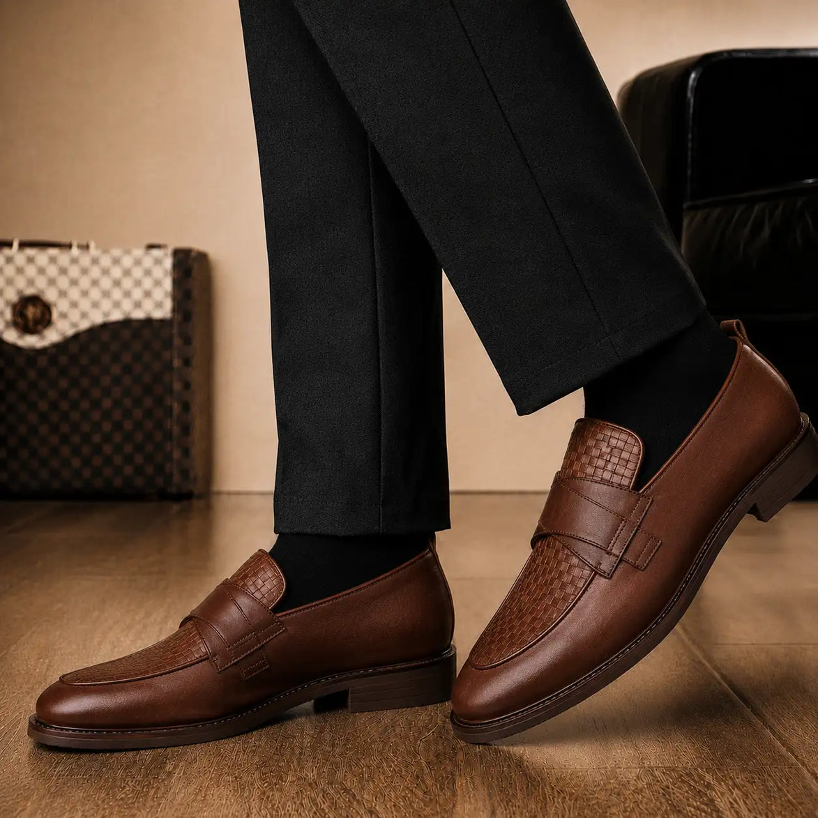 Melodiapelle Mustang Croc-Penny Loafer in dark chocolate leather worn with formal trousers, on-feet shot