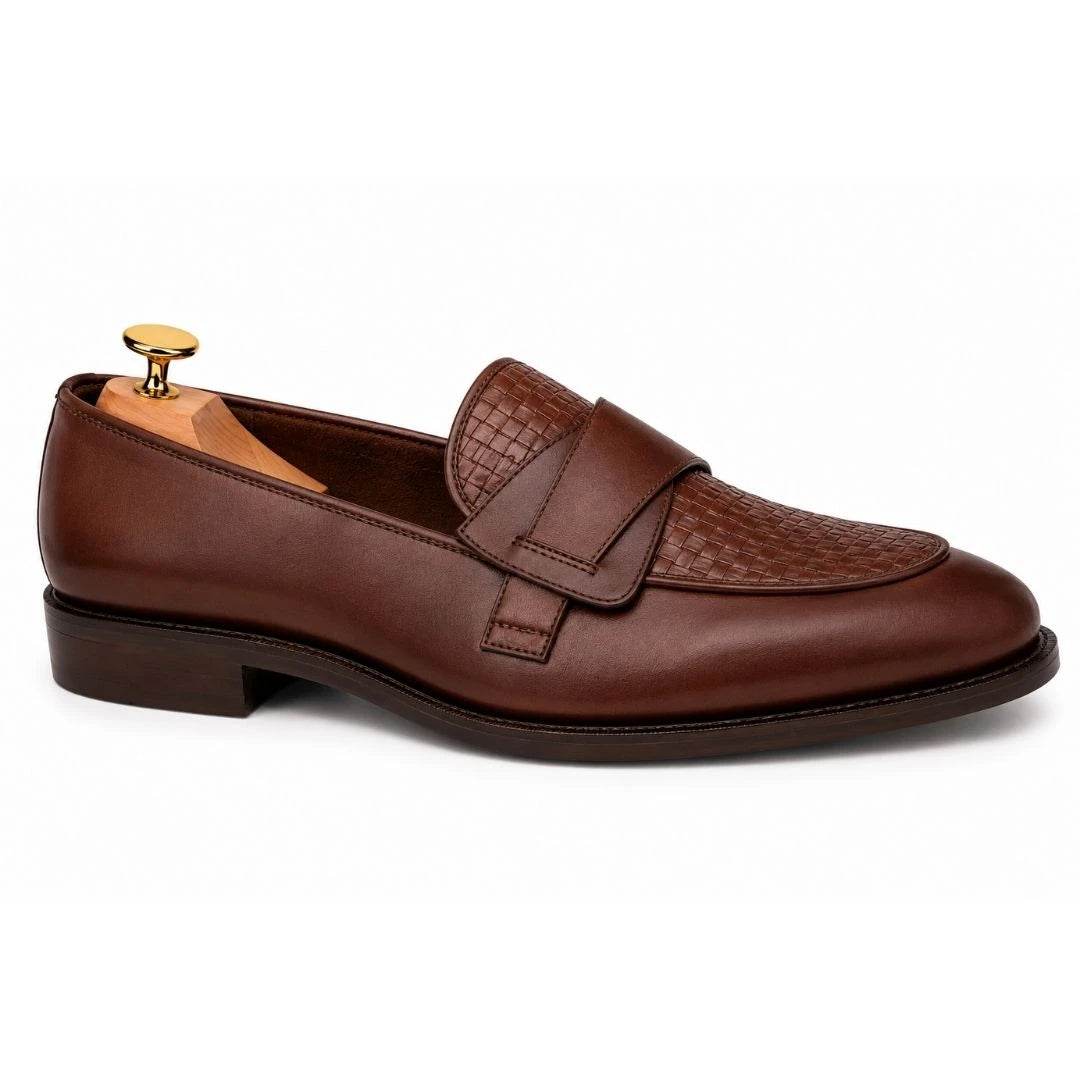 Side profile of the Mustang Croc-Penny Loafer in dark chocolate leather on white background