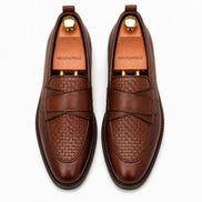 Melodiapelle Mustang Croc-Penny Loafer in dark chocolate leather, pair top-down view, handcrafted in Agra