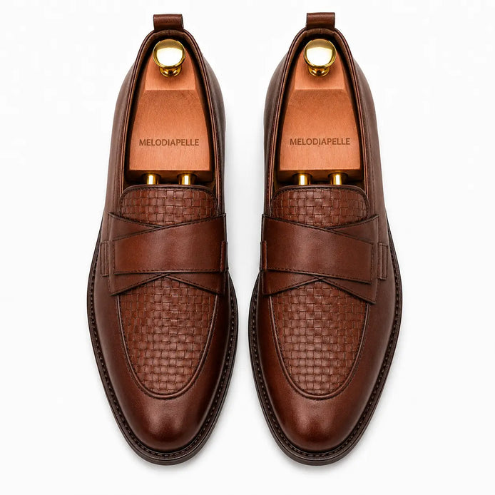 Melodiapelle Mustang Croc-Penny Loafer in dark chocolate leather, pair top-down view, handcrafted in Agra