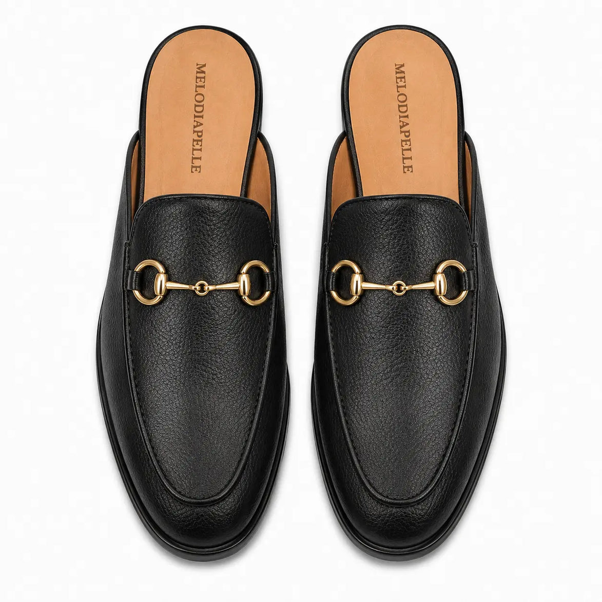 Melodiapelle Mustang Mule in black leather, pair top-down view, handcrafted in Agra