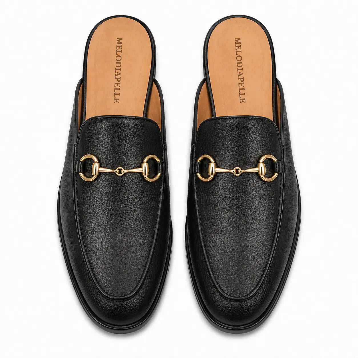 Melodiapelle Mustang Mule in black leather, pair top-down view, handcrafted in Agra