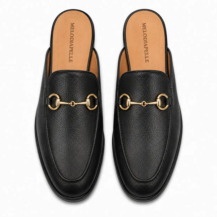 Melodiapelle Mustang Mule in black leather, pair top-down view, handcrafted in Agra