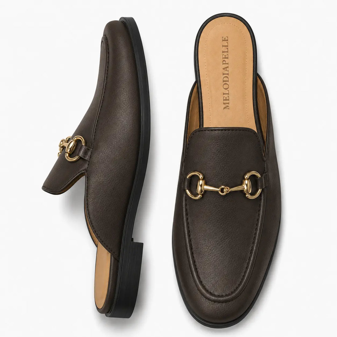 Dark brown leather horsebit mule, three-quarter angle showing sole detailing