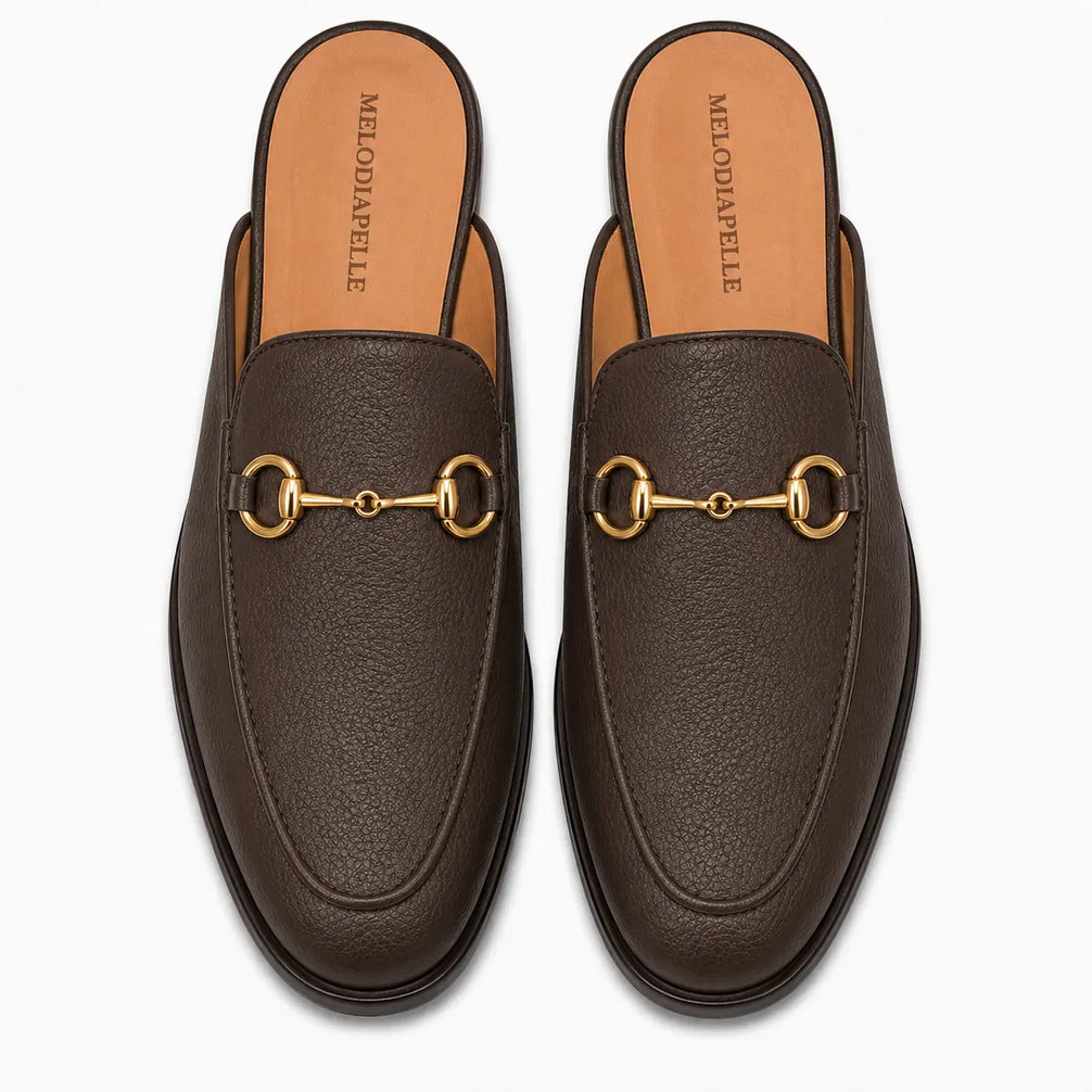 Melodiapelle Mustang Mule in dark brown leather, pair top-down view, handcrafted in Agra