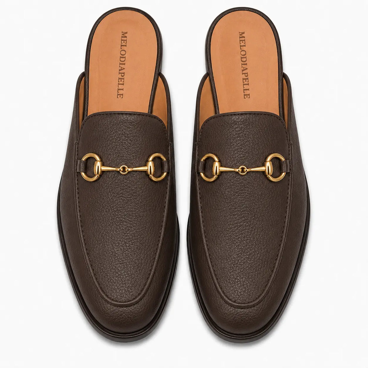 Melodiapelle Mustang Mule in dark brown leather, pair top-down view, handcrafted in Agra