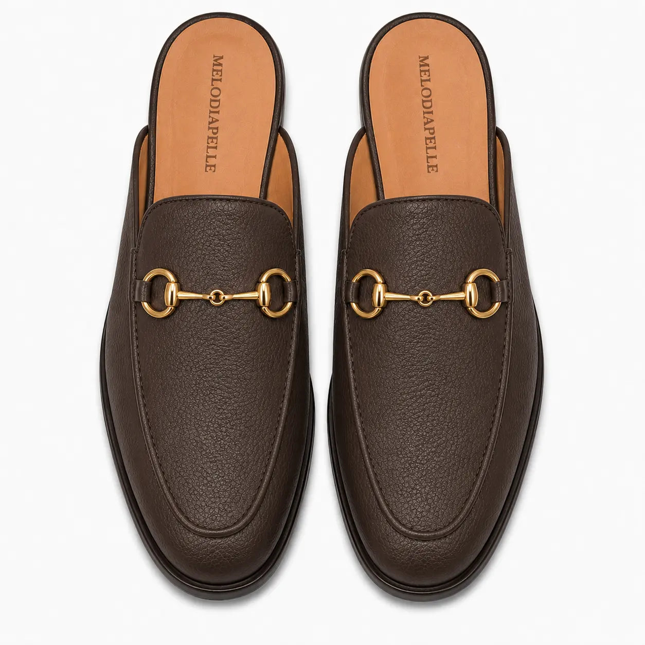 Melodiapelle Mustang Mule in dark brown leather, pair top-down view, handcrafted in Agra