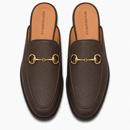 Melodiapelle Mustang Mule in dark brown leather, pair top-down view, handcrafted in Agra