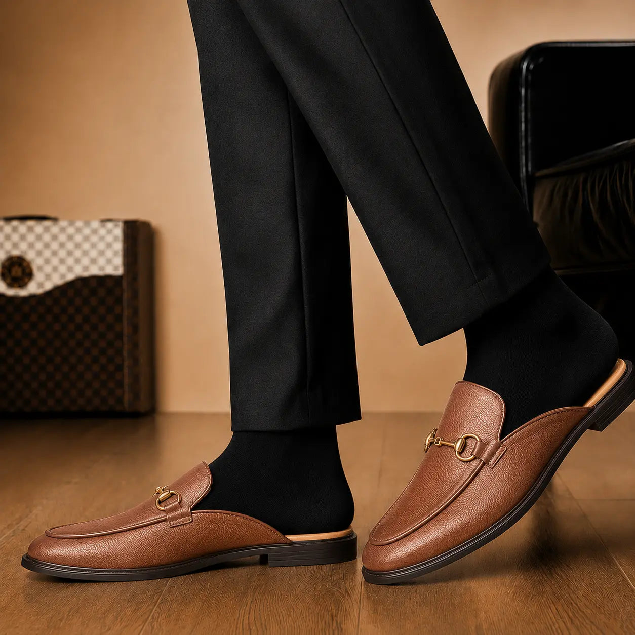 Melodiapelle Mustang Mule in tan leather worn with trousers, on-feet shot