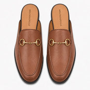 Melodiapelle Mustang Mule in tan leather, pair top-down view, handcrafted in Agra