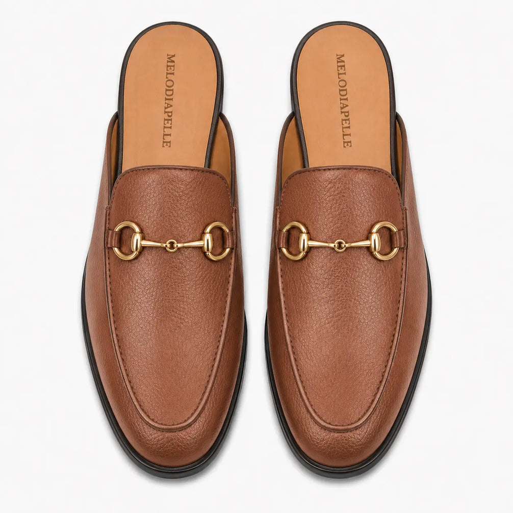 Melodiapelle Mustang Mule in tan leather, pair top-down view, handcrafted in Agra