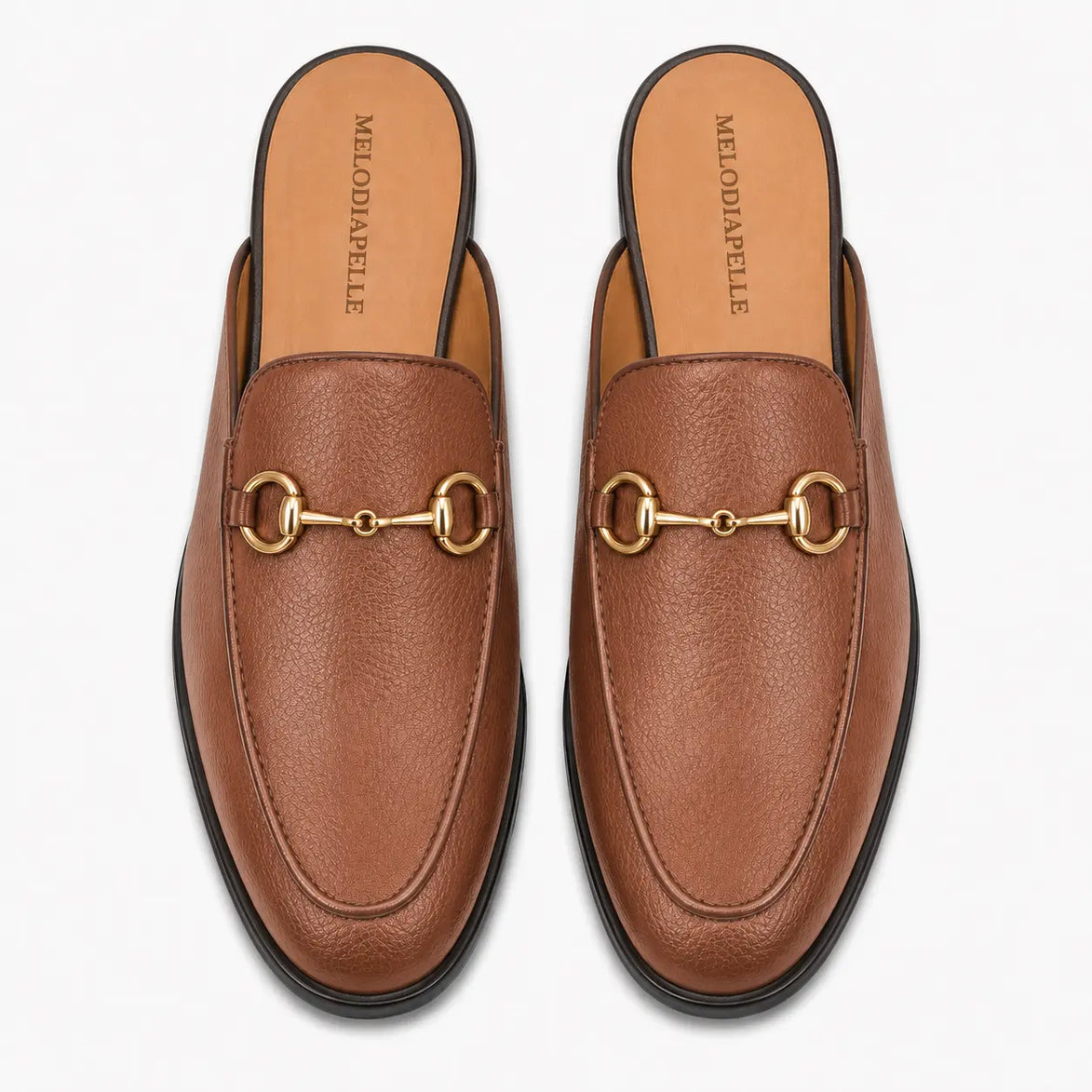 Melodiapelle Mustang Mule in tan leather, pair top-down view, handcrafted in Agra