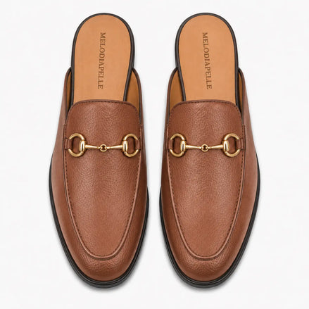 Melodiapelle Mustang Mule in tan leather, pair top-down view, handcrafted in Agra