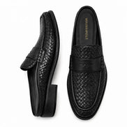 Black woven leather penny mule, three-quarter angle showing heel and woven texture