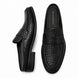 Black woven leather penny mule, three-quarter angle showing heel and woven texture