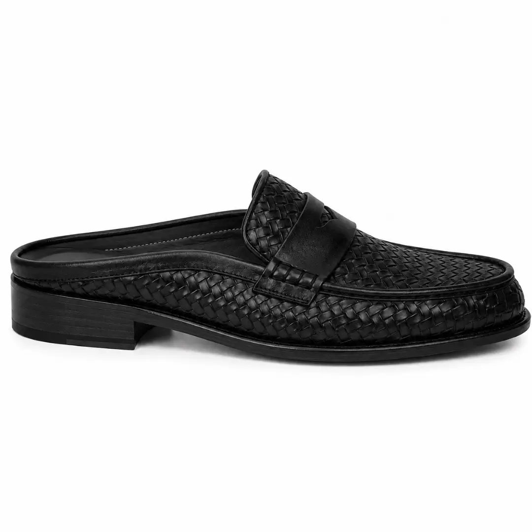 Side profile of the Rossi Mule in black woven leather on white background
