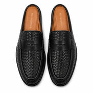 Melodiapelle Rossi Mule in black woven leather, pair top-down view, handcrafted in Agra
