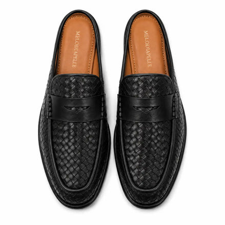 Melodiapelle Rossi Mule in black woven leather, pair top-down view, handcrafted in Agra