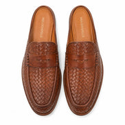 Melodiapelle Rossi Mule in cognac tan woven leather, pair top-down view, handcrafted in Agra