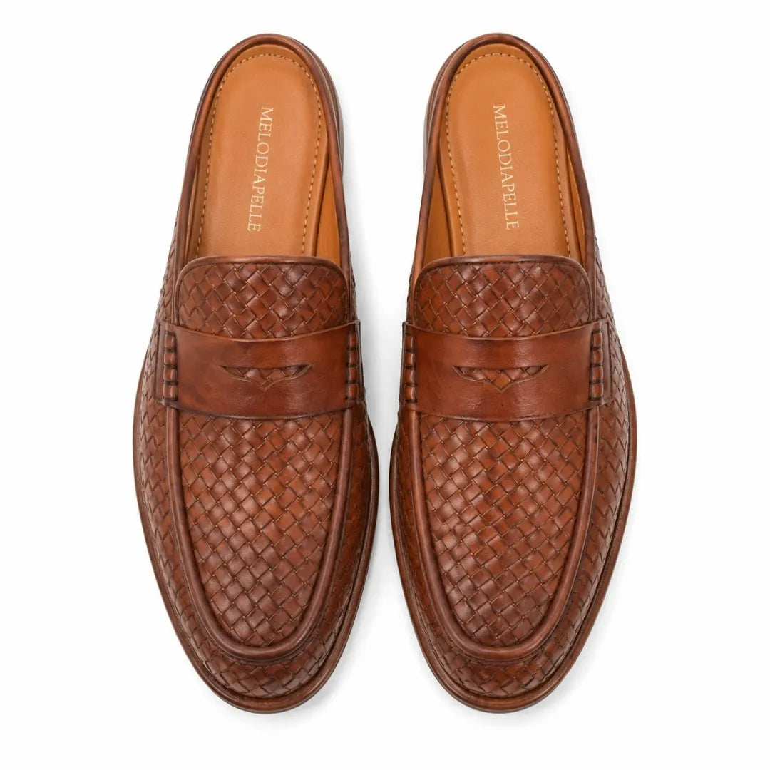 Melodiapelle Rossi Mule in cognac tan woven leather, pair top-down view, handcrafted in Agra