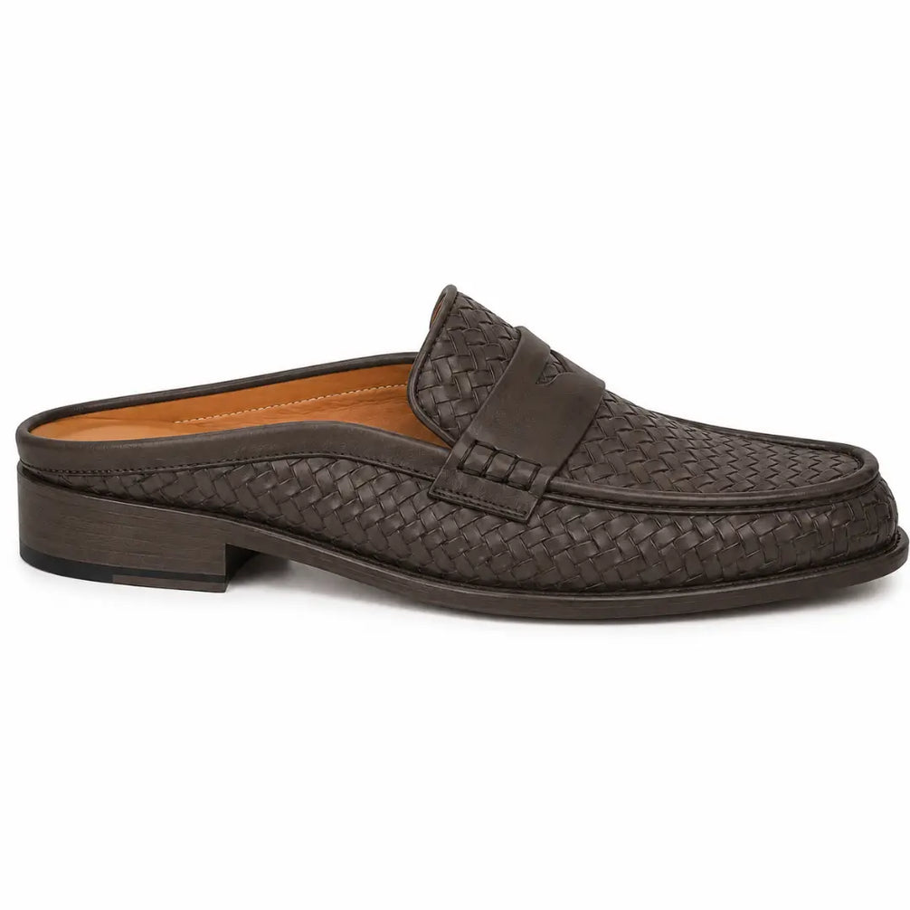 Side profile of the Rossi Mule in dark brown woven leather on white background