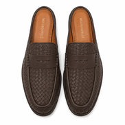 Melodiapelle Rossi Mule in dark brown woven leather, pair top-down view, handcrafted in Agra