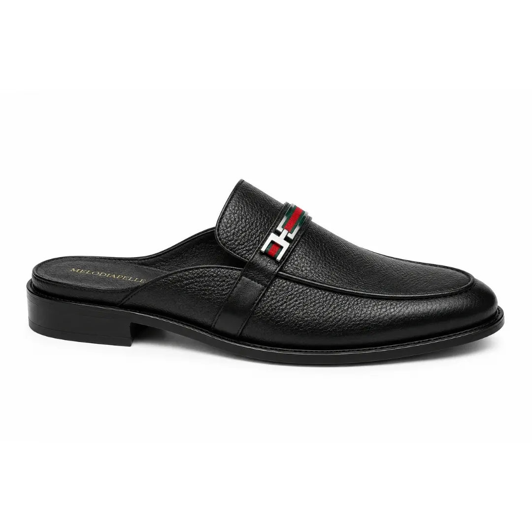 Side profile of the Sergio Mule in black leather on white background