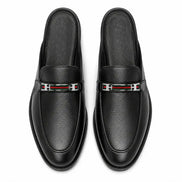 Melodiapelle Sergio Mule in black leather, pair top-down view, handcrafted in Agra