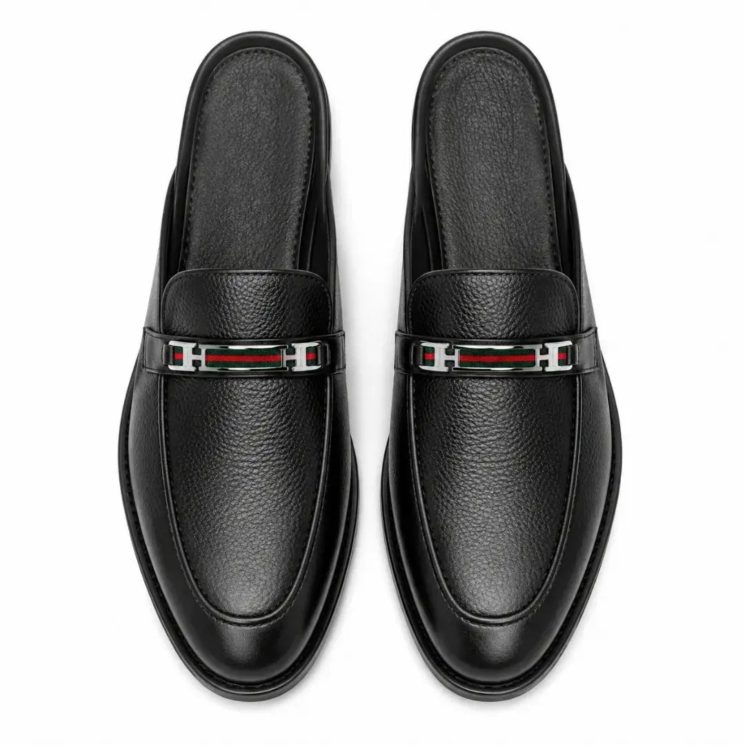 Melodiapelle Sergio Mule in black leather, pair top-down view, handcrafted in Agra