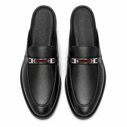 Melodiapelle Sergio Mule in black leather, pair top-down view, handcrafted in Agra