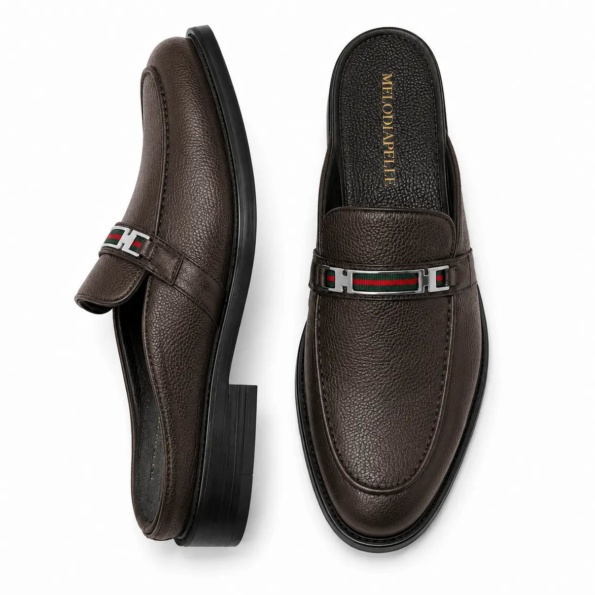 Dark brown leather bit-buckle mule loafer, three-quarter angle showing heel and buckle detailing