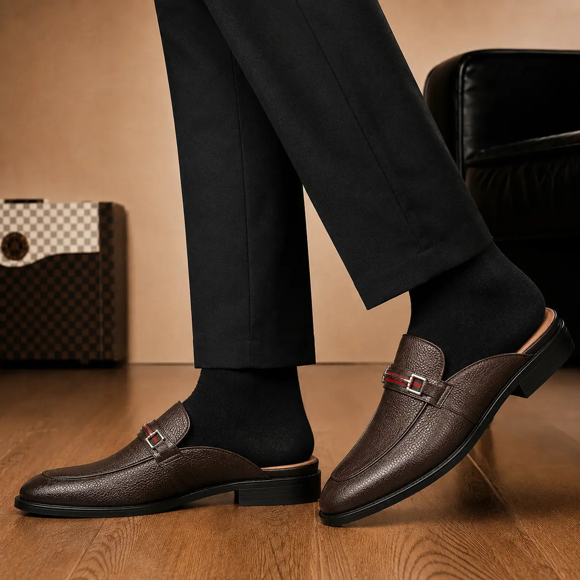 Melodiapelle Sergio Mule in dark brown leather worn with trousers, on-feet shot