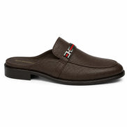 Side profile of the Sergio Mule in dark brown leather on white background