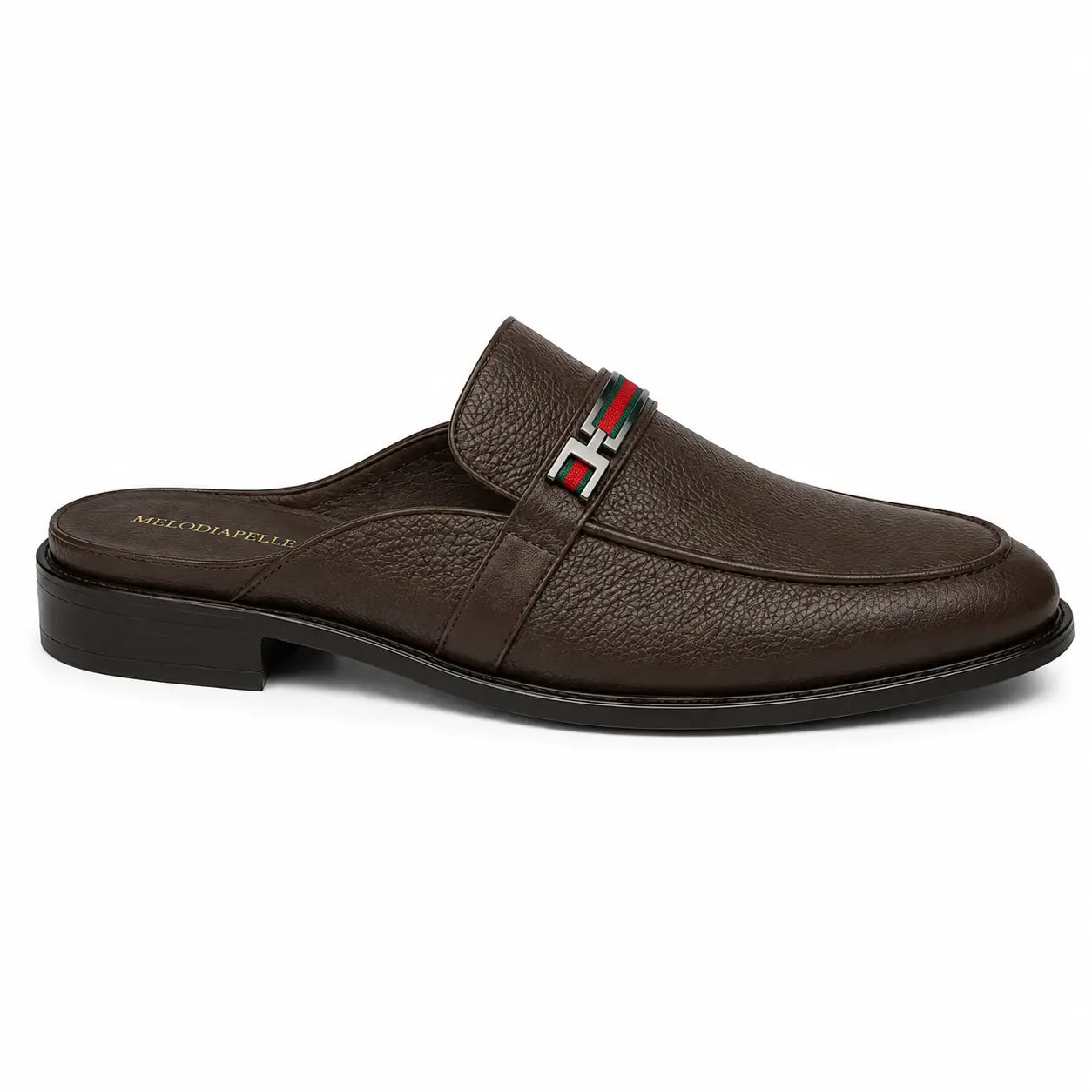 Side profile of the Sergio Mule in dark brown leather on white background