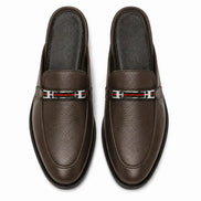 Melodiapelle Sergio Mule in dark brown leather, pair top-down view, handcrafted in Agra