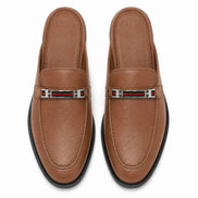 Melodiapelle Sergio Mule in tan leather, pair top-down view, handcrafted in Agra