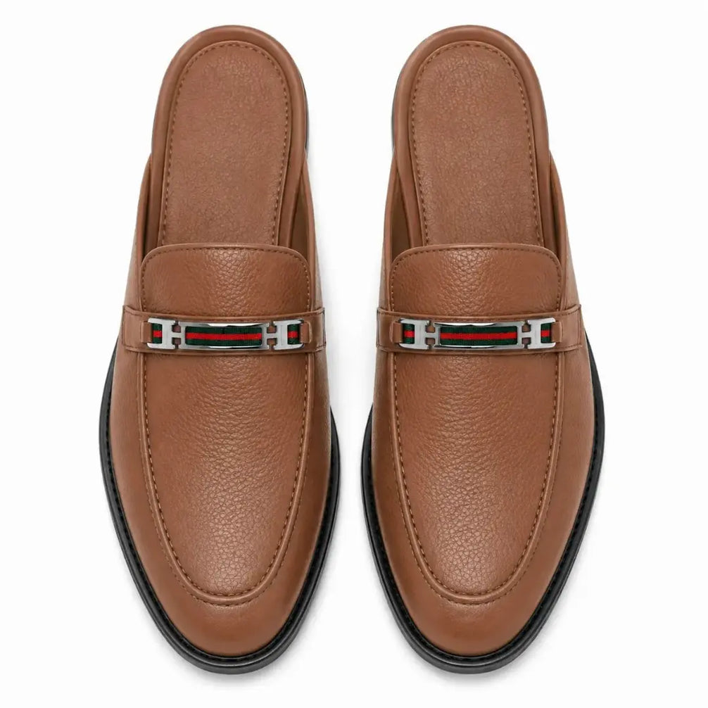 Melodiapelle Sergio Mule in tan leather, pair top-down view, handcrafted in Agra