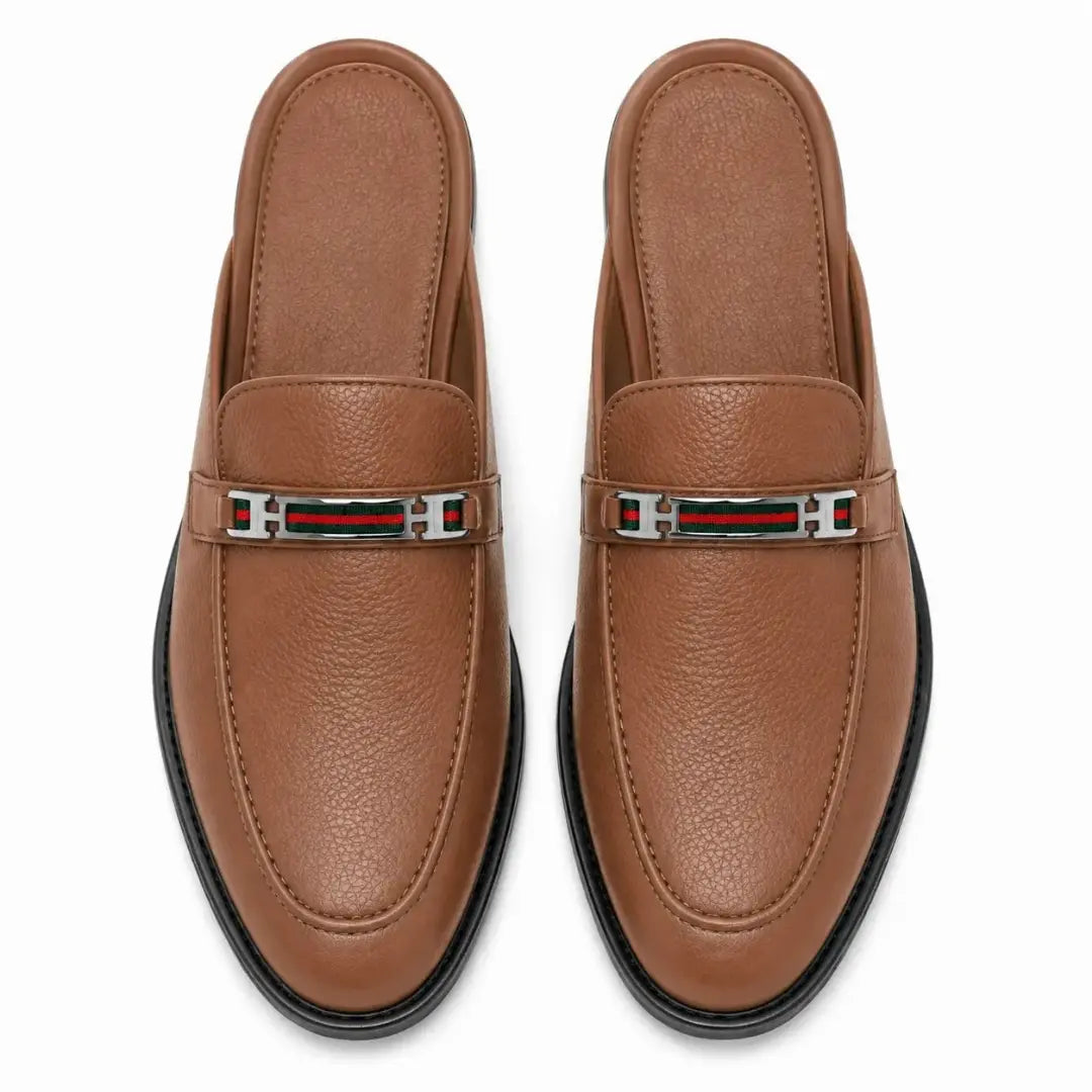 Melodiapelle Sergio Mule in tan leather, pair top-down view, handcrafted in Agra
