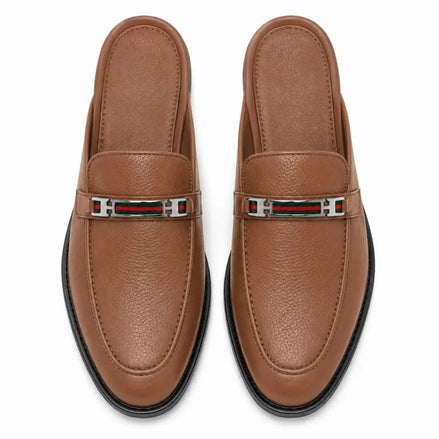 Melodiapelle Sergio Mule in tan leather, pair top-down view, handcrafted in Agra